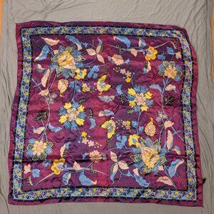 vintage 80s hair neck scarf plum purple floral 28.5" square butterfly boho